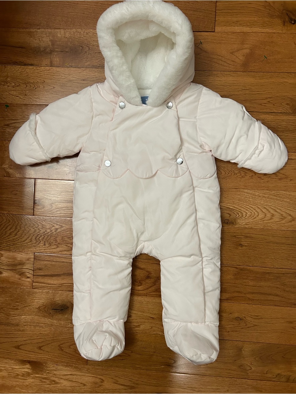 Jacadi Paris Baby Girls Pink Snowsuit 6M 67cm Hooded Faux Fur Footed